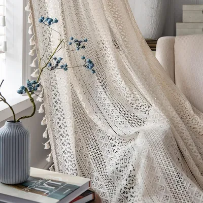 Productafbeelding van Boho Kant Gordijnen - Vintage Raambekleding - Woonkamer Decoratie - Semi-transparant Lichtinval - 2 Panelen 150x213cm - Gehaakt Beige