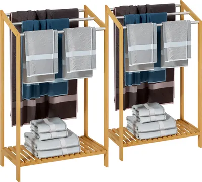 Image de 2x Porte-serviettes en bambou sur pied avec 3 barres en acier inoxydable Étagère de rangement salle de bain