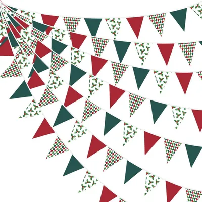 Image de Guirlande de fanions rouge et vert, 10 mètres, 36 fanions, tissu, décoration de Noël