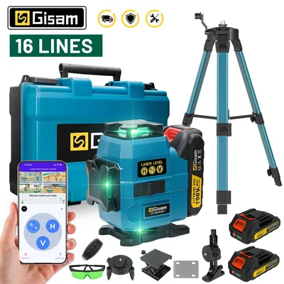 Produktbild von GISAM 4D Kreuzlinienlaser 16 Linien, grüner Strahl, 360° selbstnivellierend, mit Akku, Ladegerät & Stativ, kompatibel mit Makita 18V-Akkus
