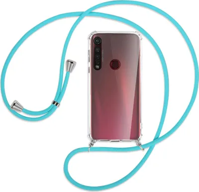 Produktbild von Handykette Backcover-Schutzhülle mit Band (Metall silberfarben) für Motorola Moto G8 Plus - türkis