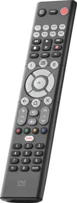 A black remote control with various buttons, including a Netflix button and a numeric keypad, is shown at an angle against a light gray background.