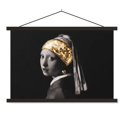 Produktbild von MuchoWow® Textilposter Mädchen mit Perlenohrring - Vermeer - Gold - Schwarz - Weiß 60x40 cm mit schwarzem Rahmen - Hölzernes