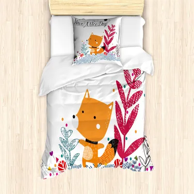 Produktbild von ABAKUHAUS Fuchs Bettbezug Set, Nettes kleines Fox-Charakter-buntes geometrisches Frühlings-Feld haben einen Nizza Tagestext-Punkte, 135 x 200 cm + 80 x 80 cm, Mehrfarbig