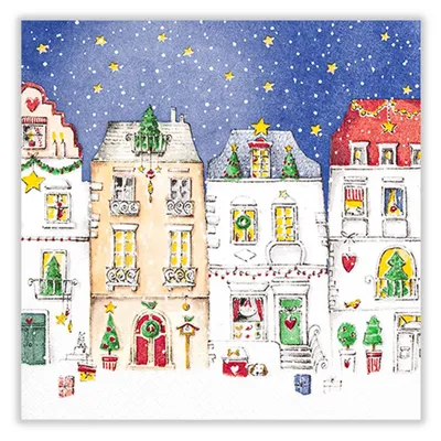 Ein winterliches Dorf mit festlich geschmückten Häusern und leuchtenden Sternen am Nachthimmel verbreitet eine gemütliche Weihnachtsstimmung