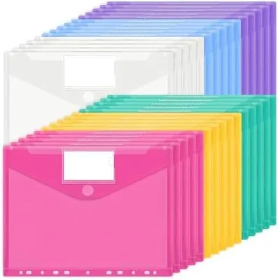 Produktbild von A4 Dokumententasche 30 Stück, 6 Farben Dokumentenmappe, Wasserdichte Mappen mit 11 Löchern, Klettverschluss und Etikettentaschen, Durchsichtige Dokumentenhüllen für Dokumente Organisiere
