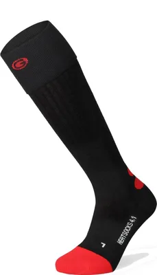 A single black sock with red accents and branding.