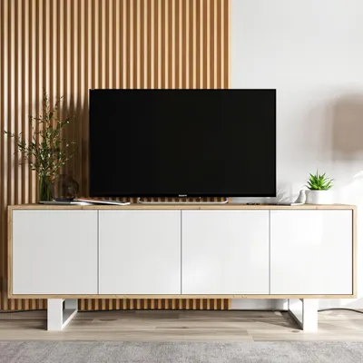 Produktbild von Loft TV-Schrank TV-Lowboard Apollo 2 Viertürig  Zwei Metallfüße Modern Lindner Möbel 150cm x 53cm x 35cm Farbe: Wotan Eiche matt - weiß matt