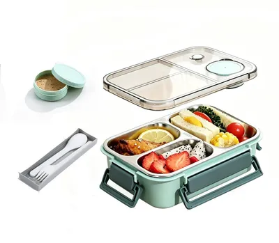 Productafbeelding van Roestvrijstalen Lunchbox met 3 Vakken en Sausbeker