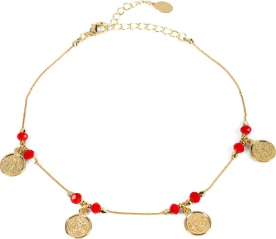 Produktbild von styleBREAKER Damen Fußkettchen mit Münz Anhängern und Perlen, Gliederkette, Karabiner Verschluss, Kette, Schmuck 05080013