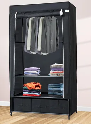 Zdjęcie produktu dla Składana szafa na ubrania 90x47x163 cm, czarna, z drążkami na ubrania, do sypialni