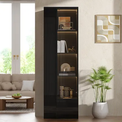 Zdjęcie produktu dla Szafka witryna z oświetleniem LED, 50x35x160 cm, z drzwiczkami ze szkła, kolor czarny, wykonana z płyty wiórowej i szkła, z szufladą, idealna do salonu