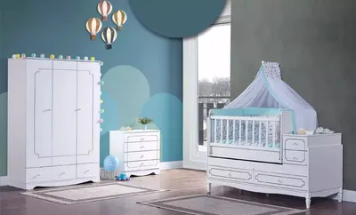 Image de Nourrisson Chambre d'enfant Lit blanc Chambre de bébé Armoire Commode 3pcs.