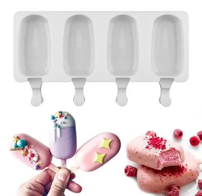 Produktbild von Eisformen-Set (1 Stück), Silikon-Eisformen mit 4/8 Mulden, ovale Eiscremeform, Cake-Pop-Form mit 50 Holzstielen für selbstgemachtes Eis am Stiel