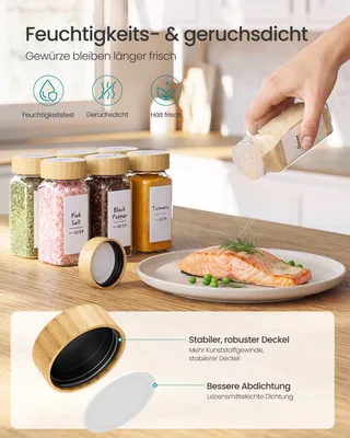 Produktbild von SONGMICS Gewürzgläser 24er Set, Eckige Gewürzdosen aus Glas, Luftdicht mit Etiketten, 120 ml, 4,5 x 4,5 x 10,5 cm, Naturbeige