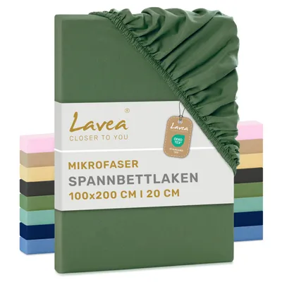 Produktbild von Lavea® 1er Set Spannbettlaken 100x200 cm aus Mikrofaser, Bettlaken mit Rundumgummi, für Matratzen bis 20 cm, atmungsaktiv und kühlend - Olivgrün
