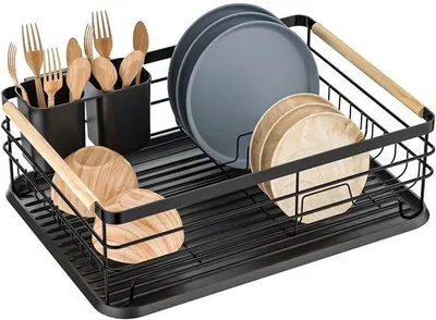 Imagen del producto de Ibenzoa® Estante escurreplatos con recipiente de escurrido y soporte para cubiertos, metal con protección antirrozadura, mango de madera, color , 43 x 30,5 x 14 cm – para 3-5 personas