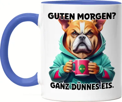Produktbild von Guten morgen? Ganz dünnes Eis Hund Tasse Blau Langschläfer Morgenmuffel Witzig Kaffee
