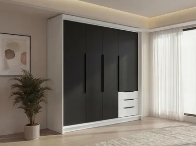 Produktbild von Geräumiger vier-türiger Kleiderschrank KLARI mit Schubladen und Metallgriffen – modernes Design