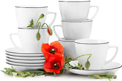 Obrázek produktu pro Sada šálků Konsimo pro 6 osob (12 ks) "BOSS", bílá, porcelán, elegantní, 17,5 cm | 350 ml