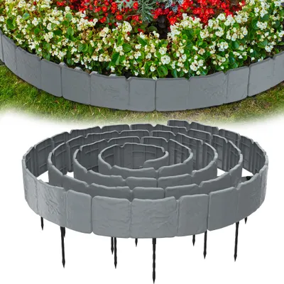 Image de UISEBRT, lot de 30 bordures de pelouse de 7,5 m, bordures de parterres grises, bordures de pelouse avec piquets, bordures de parterres aspect pierre, délimitations de jardin pour pelouses, parterres et plates-bandes