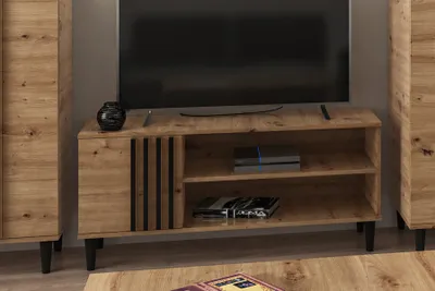 Produktbild von TV-Schrank Laura TV-Lowboard Fernsehschrank mit Scharniertür (Eiche Artisan und schwarz)
