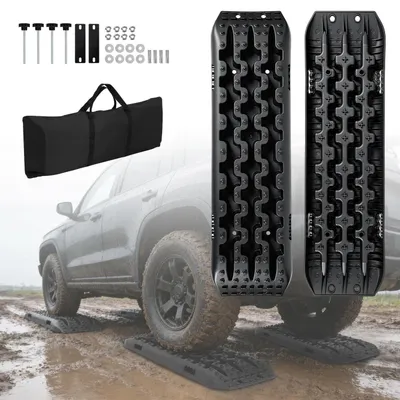 Image de Vigevee : Lot de 2 aides au démarrage pour voiture, avec support et sac de transport. Plaques de traction pour pneus, plaques de dégagement tout-terrain en PP pour SUV, camping-cars, camions, adaptées pour le sable, la boue et la neige. Couleur : noir