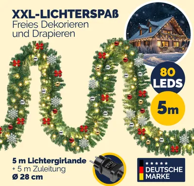 Produktbild von Casaria Weihnachtsgirlande LED Beleuchtet Innen & Außen IP44 Weihnachten Deko Weihnachtsdeko Girlande Tannengirlande Kunstgirlande, Variante:2x 5m 80LEDs geschmückt mit Fernbedienung