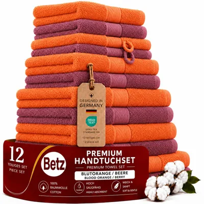 Produktbild von Betz 12-tlg. Handtuch-Set PREMIUM 2 Duschtücher 4 Handtücher 2 Gästetücher 2 Seiftücher 2 Waschhandschuhe Farbe: blutorange / beere, KI-generiertes Bild