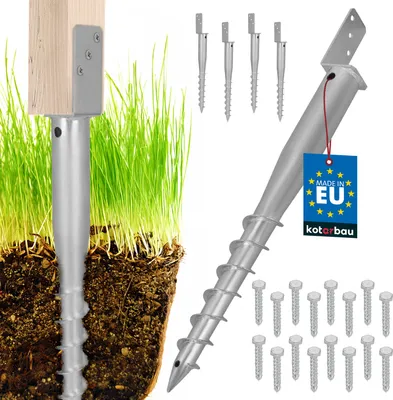 A product shot of ground screw anchors for fences and pavilions, with a section showing one anchor installed in the ground.