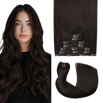 Immagine prodotto di Estensioni per capelli da applicare con clip, capelli veri, 120 grammi, 40 cm, marrone molto scuro, 7 pezzi