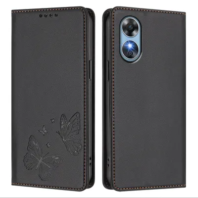 Obrázek produktu pro Kožené pouzdro pro Oppo A17/Oppo A17K, motýlí ražbou, peněženkové flip pouzdro se stojánkem Černá