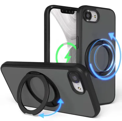 Produktbild von EAZY CASE - MagSafe Handyhülle für Apple iPhone 16e, Ring zum Aufstellen, 360° drehbar, Magsafe Silikonhülle zum Aufstellen, stoßfest Cover in Schwarz