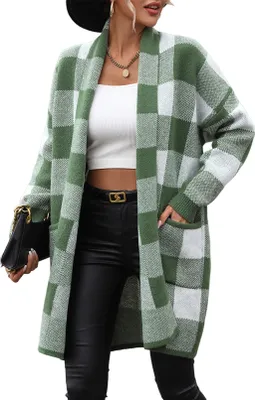 Produktbild von ASKSA Damen Cardigan Karierter Farbblockstrick Strickpullover Elegante Strickjacke Oberbekleidung, Gruen, M