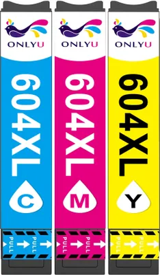 Three ink cartridges in blue, pink, and yellow.