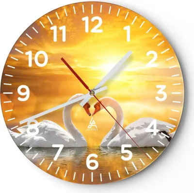 Produktbild von Wanduhr - Rund - Glasuhr - Schwan Wasser Paar - 30x30cm - Schleichendes Uhrwerk - Lautlos - zum Aufhängen bereit - Dekoration Modern - Wanddekoration aus Glas - C4AR30x30-3872