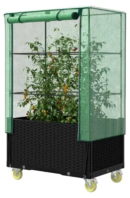 Produktbild von Hochbeet mit Abdeckung und Rädern - Rattanoptik - 80 x 50 x 182 cm