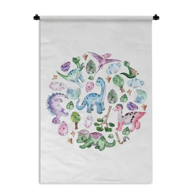 Produktbild von MuchoWow® Wandteppich Wandbehang Dinosaurier - Muster - Kinderzimmer - Mädchen - Kinder - Rosa - Kind 90x135 cm Tapisserie Dekoration Wandtuch - Baumwolle - Wandskulptur
