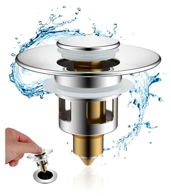 Produktbild von Waschbeckenstöpsel (25-46mm), Abflusssieb für Waschbecken, Messing Push-Type Abflussstopfen, Universeller Ersatz für Bad und Küche