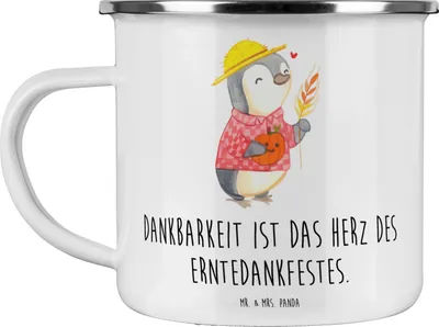 Produktbild von Mr. & Mrs. Panda Teebecher Erntedankfest Dankbarkeit - Weiß - Geschenk, Teetasse, Feiertage, Pott, becher emaille, Thanksgiving Geschenke, Blechtasse, Familie, Haferl