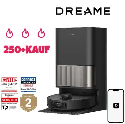 A black robot vacuum cleaner with its charging station, alongside marketing text and certification badges.