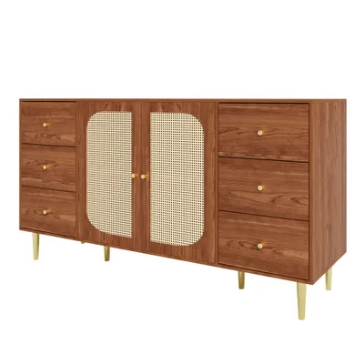 Produktbild von okwish Kommode Sideboard mit viel Stauraum, Schrank mit 6 Schublade und 2PE-Rattantür, Schubladenschrank Anrichte für Wohnzimmer,160x40x90 cm, Braun