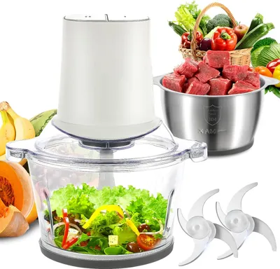 A food chopper with various ingredients and accessories, presented in a marketing style.