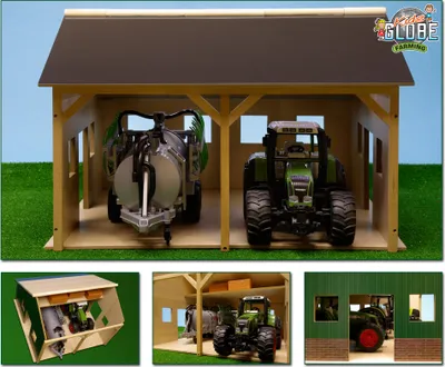 A collage of images showing a toy farm shed with tractors and a trailer inside, and close-ups of the shed's interior and exterior.