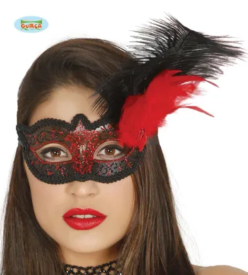 Produktbild von Rot und schwarz verzierte Maske mit Feder, 1 Stk.