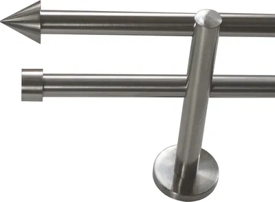 Produktbild von Gardinenstange Set Edelstahl Look Metall Ø 16mm zur Wandbefestigung 2-lauf Modern Spitze, Länge wählbar H22 E29 E16