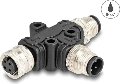 Produktbild von DeLOCK M12 T-Splitter A-kodiert 4 Pin 1 x Stecker zu 1 x Stecker und 1 x Buchse Parallelschaltung, Kabelsplitter, Schwarz, Polyvinylchlorid (PVC), Männlich/Weiblich, M12, 37 mm