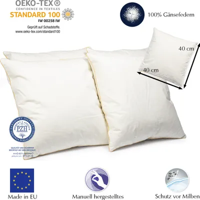 Obrázek produktu pro 4 péřové polštáře 40x40 cm | 300g výplň polštáře 100% peří | polštář s certifikátem | potah 100% bavlna