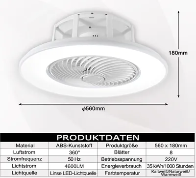 Productafbeelding van LILIIN Plafondventilator met licht, 90W, LED-ventilatorlamp, afstandsbediening, dimbaar, 4 snelheden, stil, E27, geschikt voor woonkamer en slaapkamer