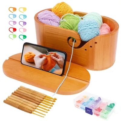Produktbild von Garnschale mit Deckel, Oval, Holz, Tragbar, Glatt, Verhindert Verheddern, für Häkelarbeiten, Stricken, Lagerung